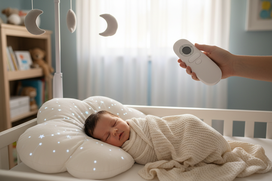 Serene nursery with sleeping infant and Comfort Pal remote-controlled sleep pillow